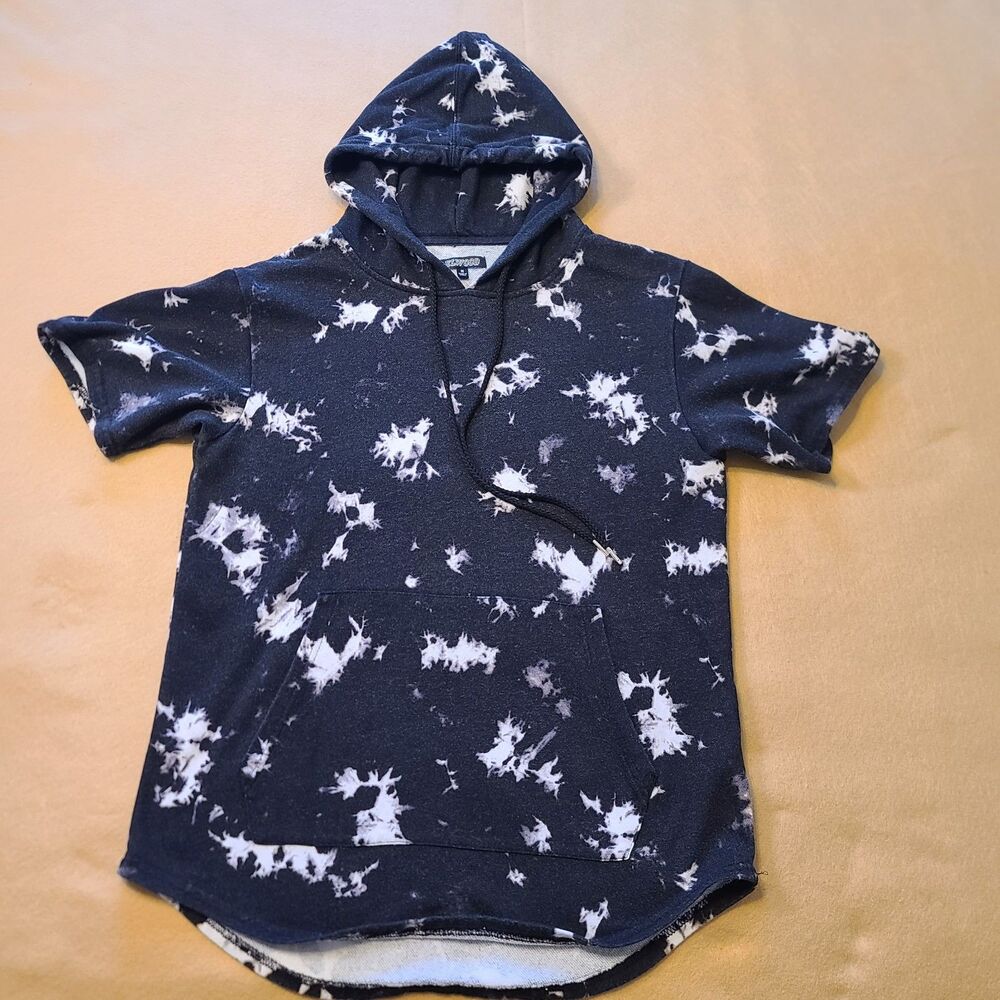 Elwood Sweatshirt Curved Hem Short Sleeve Hoodie Black/Bleach Burst Terry  Sz M